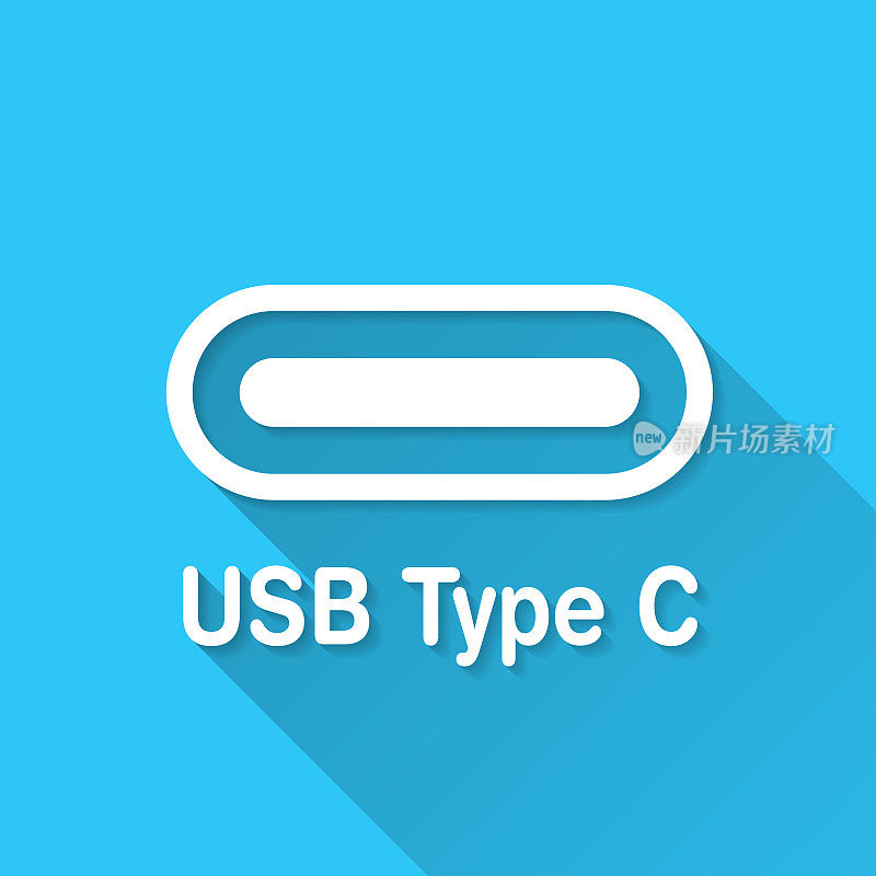 USB C型接口。图标在蓝色背景-平面设计与长阴影